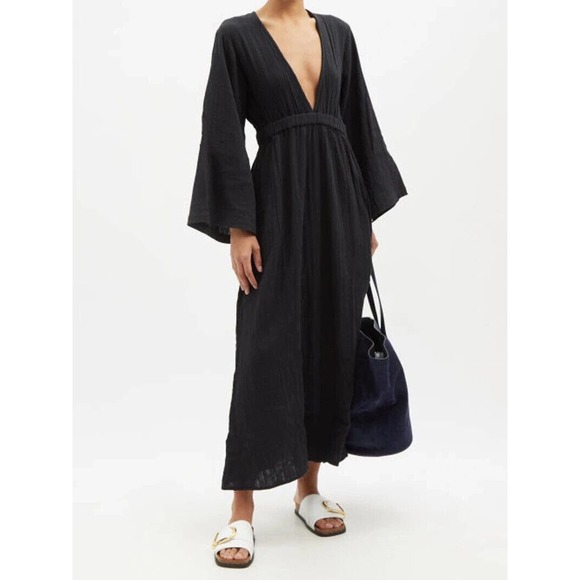 Mara Hoffman Blair Deep V-neck Long Sleeve Maxi Coverup Dress Black Large H14113 - Picture 6 of 16